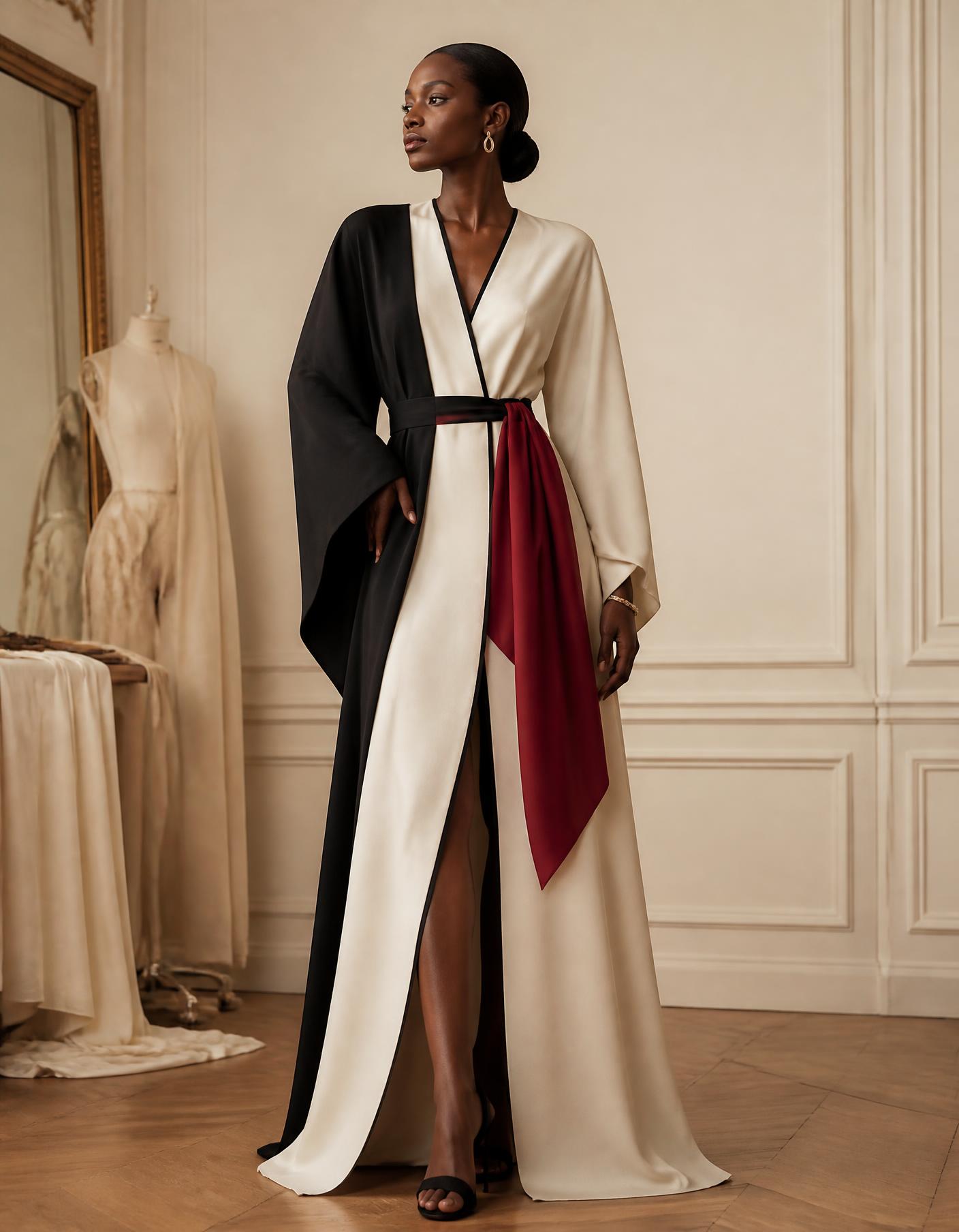 Model wearing an ivory, black and red NADA CAIRO-inspired couture piece